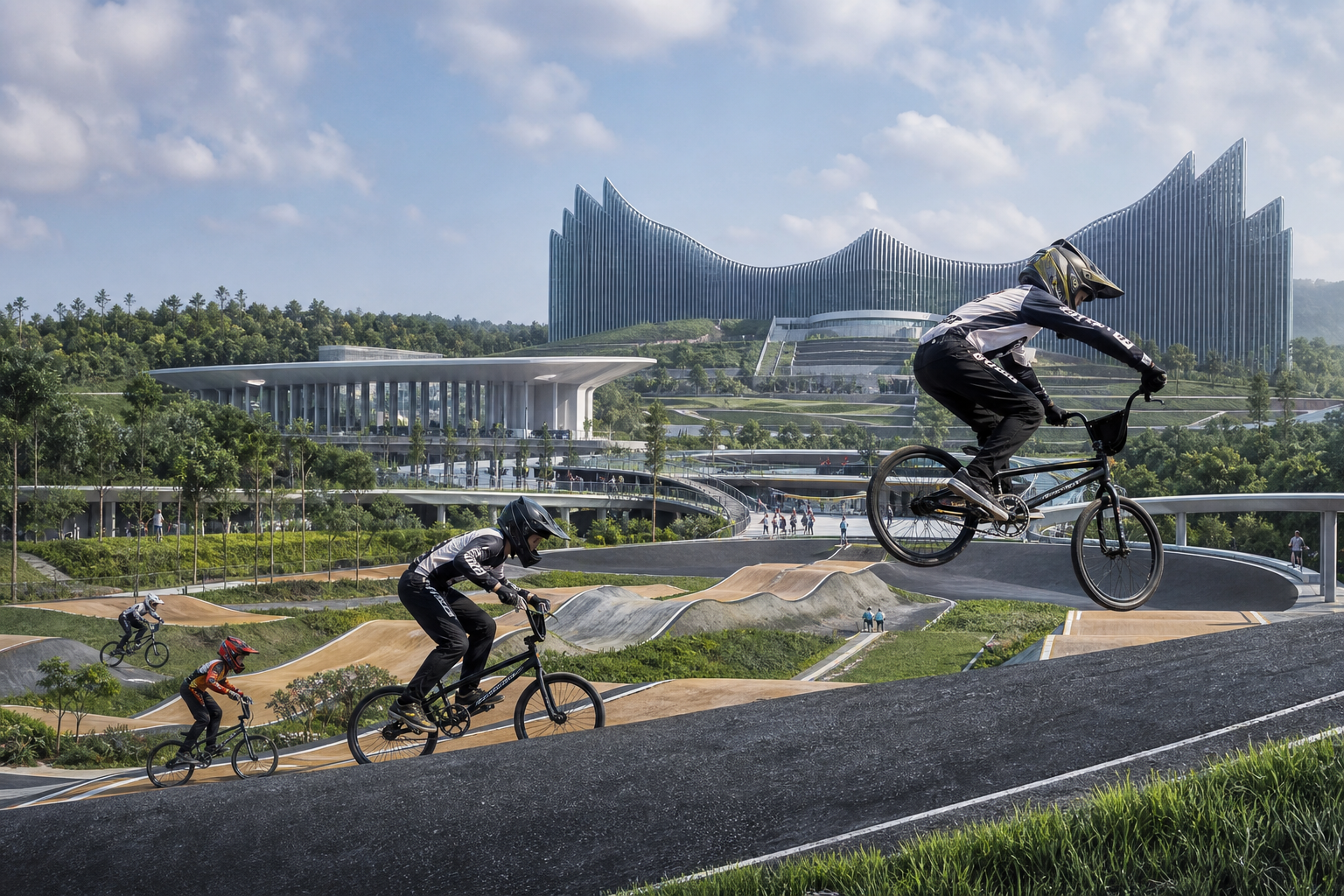 Ilustrasi balap sepeda BMX di IKN Nusantara dengan latar venue modern.
