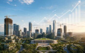 Ilustrasi investasi di IKN Nusantara dengan skyline modern dan grafik pertumbuhan