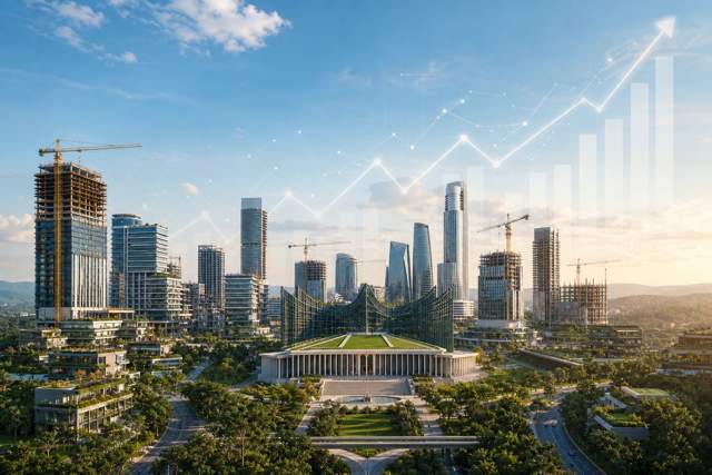 Ilustrasi investasi di IKN Nusantara dengan skyline modern dan grafik pertumbuhan
