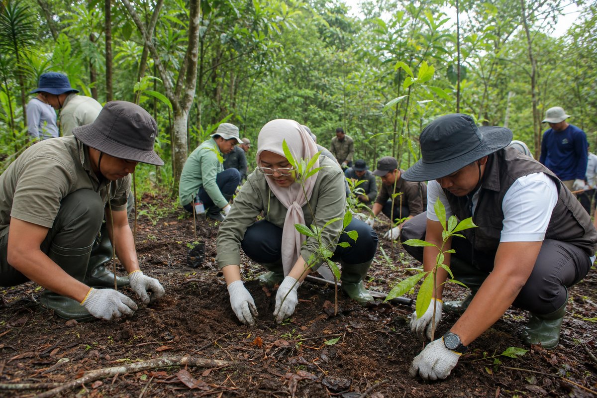 Pengunjung dan petugas menanam bibit di Miniatur Hutan Hujan Tropis (MHHT) Sepaku, IKN, di tengah vegetasi hijau tropis.