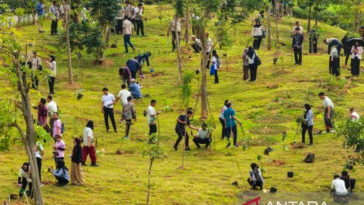 OIKN dan Perbanas menanam 1.153 pohon di RTH Embung H KIPP IKN, Sepaku, untuk memperkuat konsep kota hutan Nusantara.