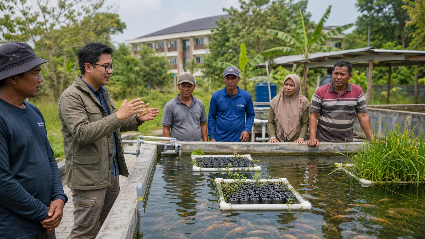 Ilustrasi editorial dosen Unmul menjelaskan teknologi simbiotik di kolam ikan warga Samarinda