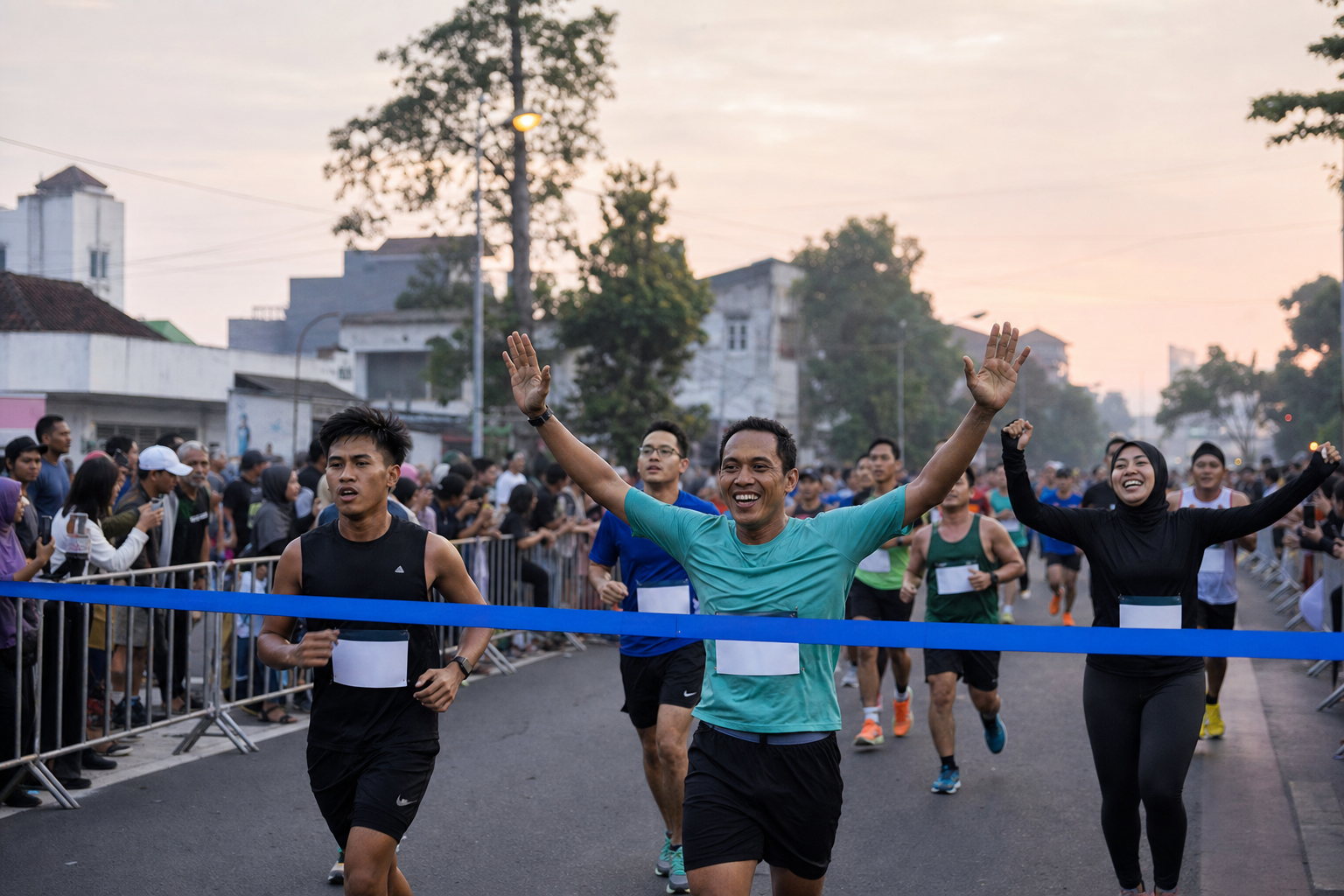 Pelari melewati garis finis pada ajang half marathon