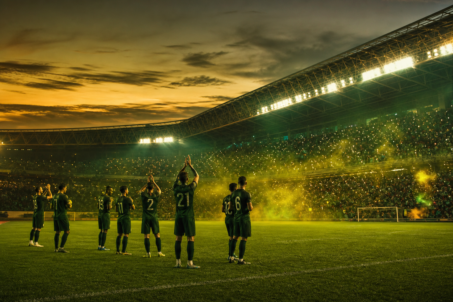 Ilustrasi stadion sepak bola bernuansa hijau dan kuning
