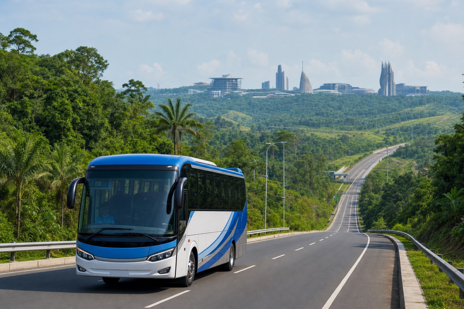 Bus antarmoda menuju IKN melintas di jalan hijau Kalimantan Timur