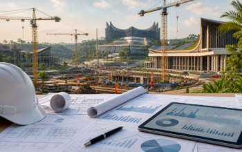 Ilustrasi pembangunan IKN dengan crane dan blueprint investasi di Nusantara