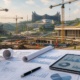 Ilustrasi pembangunan IKN dengan crane dan blueprint investasi di Nusantara