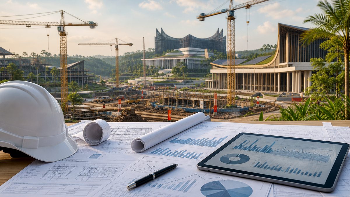 Ilustrasi pembangunan IKN dengan crane dan blueprint investasi di Nusantara