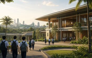 Ilustrasi Sekolah Nasional Terintegrasi di IKN dengan siswa berjalan menuju gedung sekolah modern