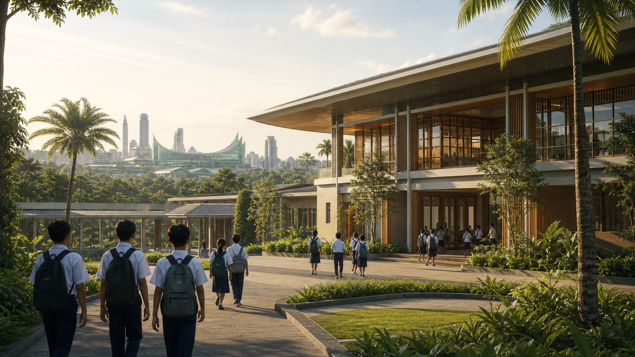 Ilustrasi Sekolah Nasional Terintegrasi di IKN dengan siswa berjalan menuju gedung sekolah modern